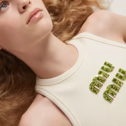 Beige+fern Green Ribbed Jersey Top With Embroidered Logo | Miu Miu