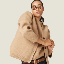 Biscuit Wool And Nylon Knit Cardigan | Miu Miu