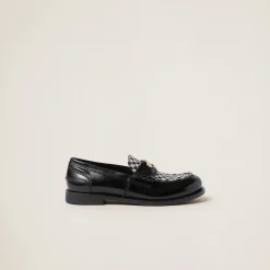 Black Brushed Leather And Gingham Check Fabric Loafers | Miu Miu