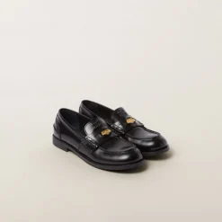 Black Brushed Leather Penny Loafers | Miu Miu