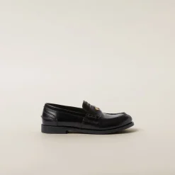 Black Brushed Leather Penny Loafers | Miu Miu
