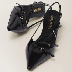 Black Brushed Leather Slingbacks With Buckles | Miu Miu