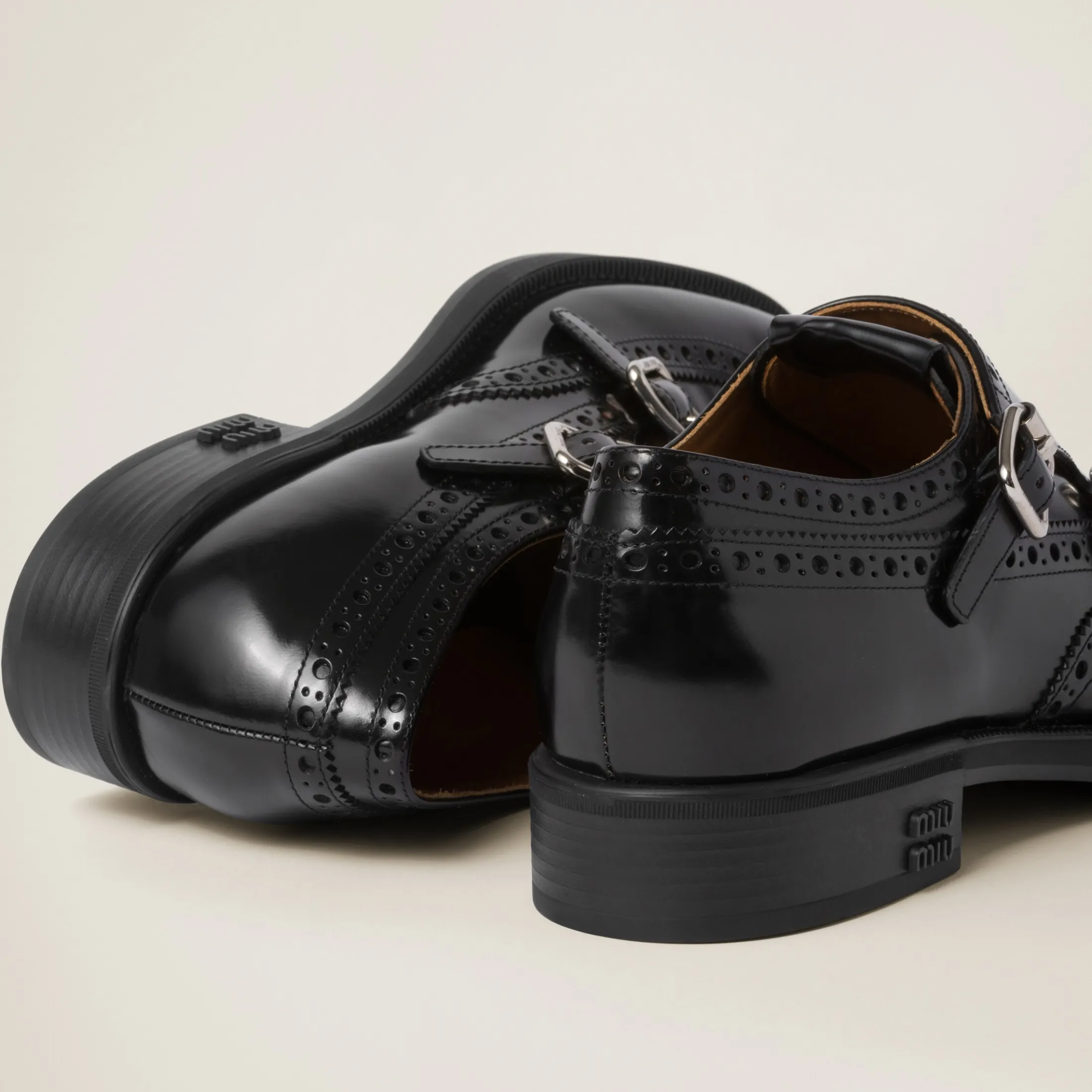 Black Church's X Miu Miu Brushed Leather Double Monk Brogue Shoes | Miu Miu
