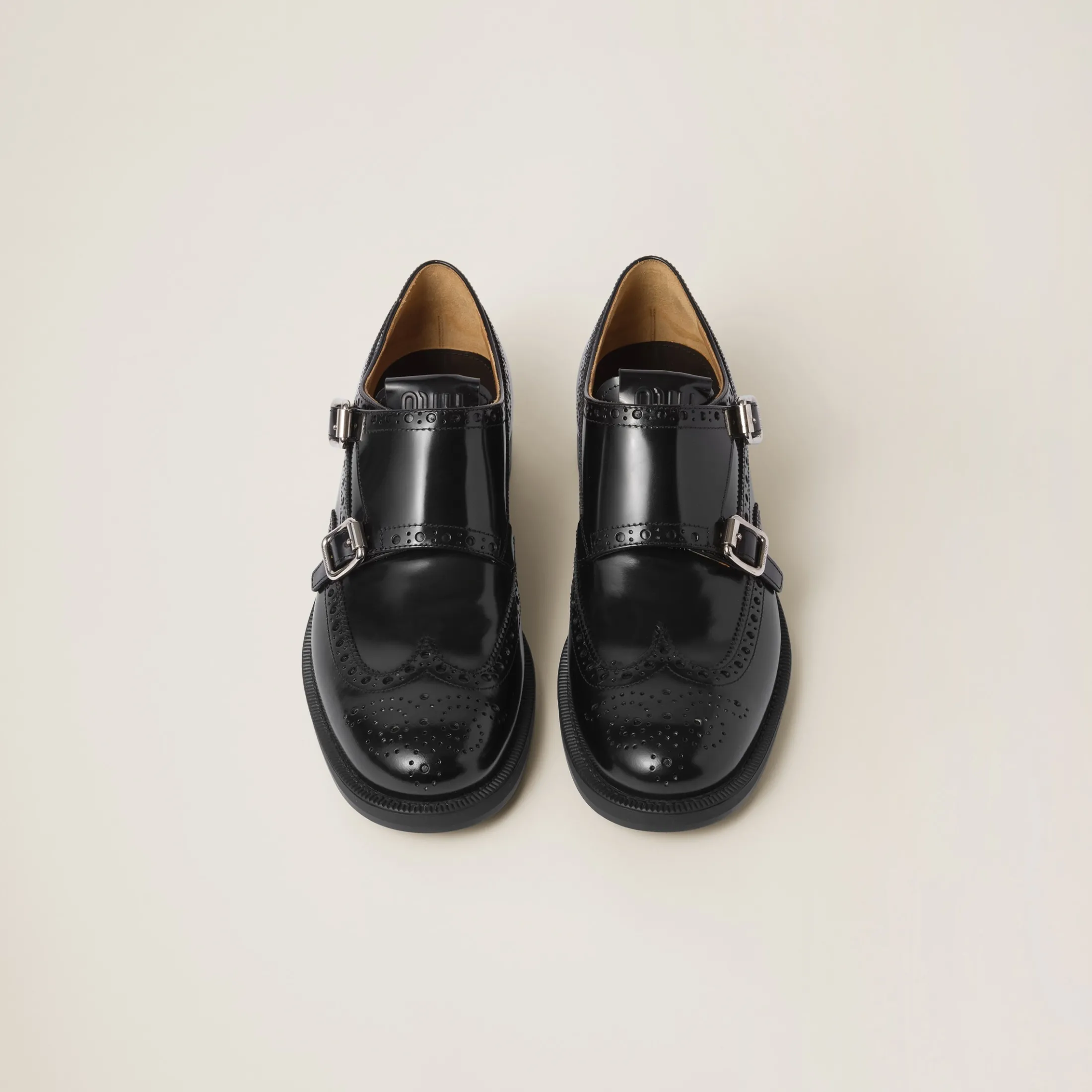 Black Church's X Miu Miu Brushed Leather Double Monk Brogue Shoes | Miu Miu