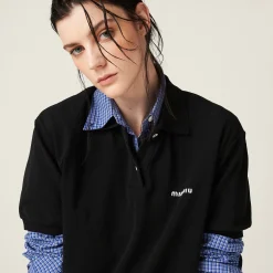 Black Cotton Piqué Polo Shirt | Miu Miu