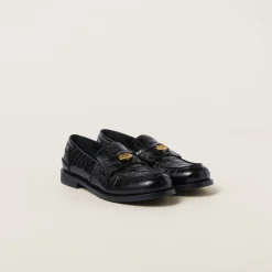Black Croco-print Leather Penny Loafers | Miu Miu