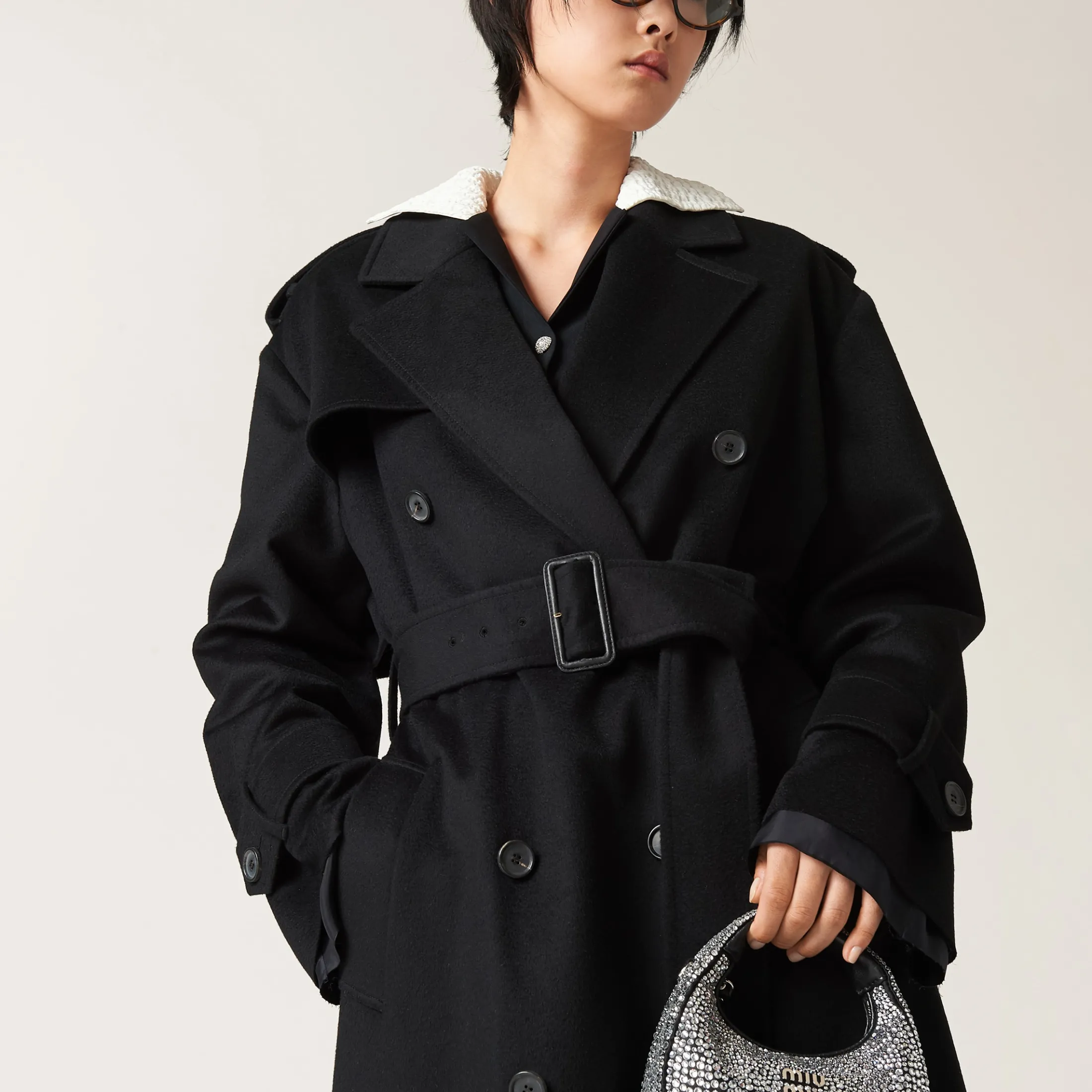 Black Double-breasted Velour Coat | Miu Miu