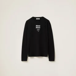 Black Embroidered Cotton T-shirt | Miu Miu