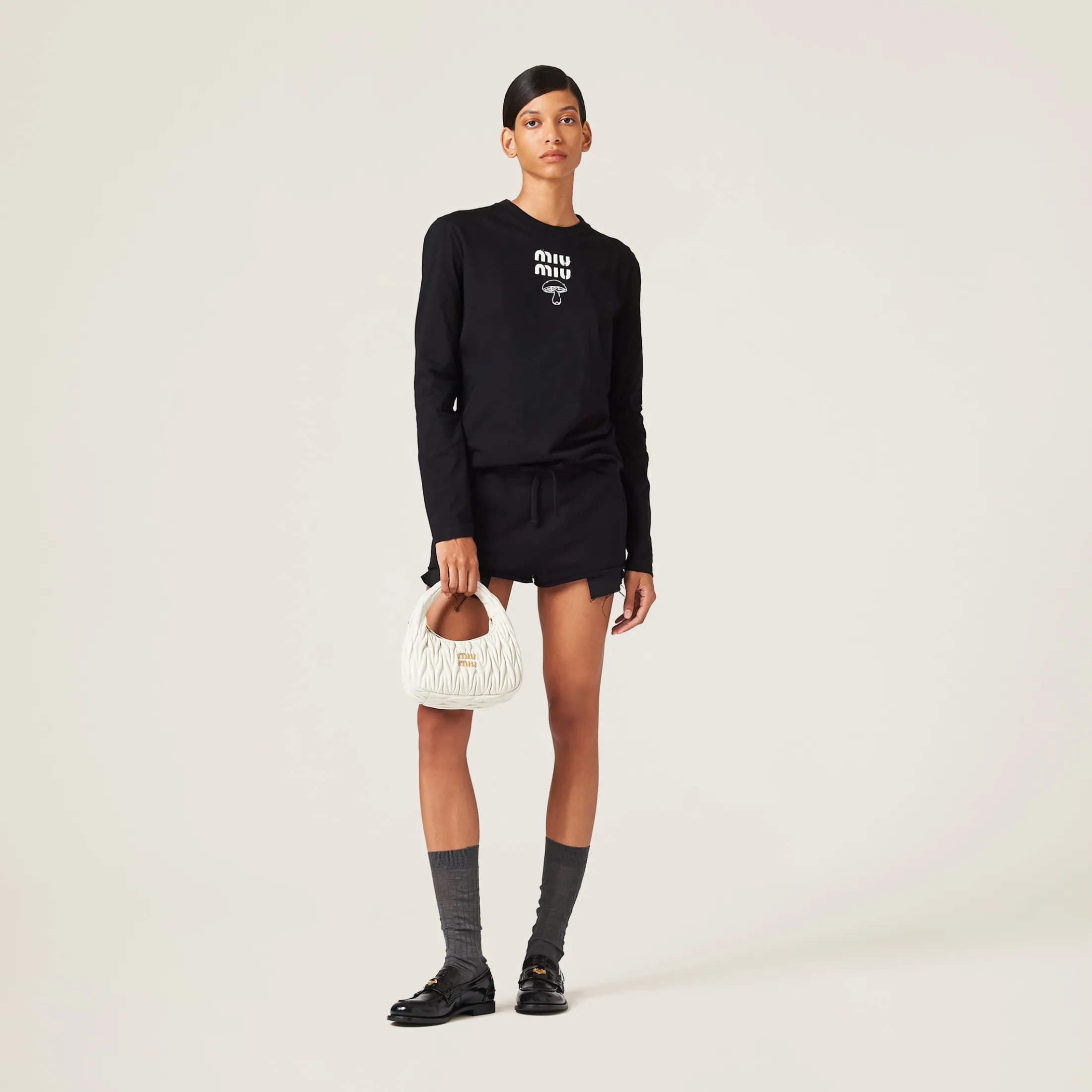 Black Embroidered Cotton T-shirt | Miu Miu