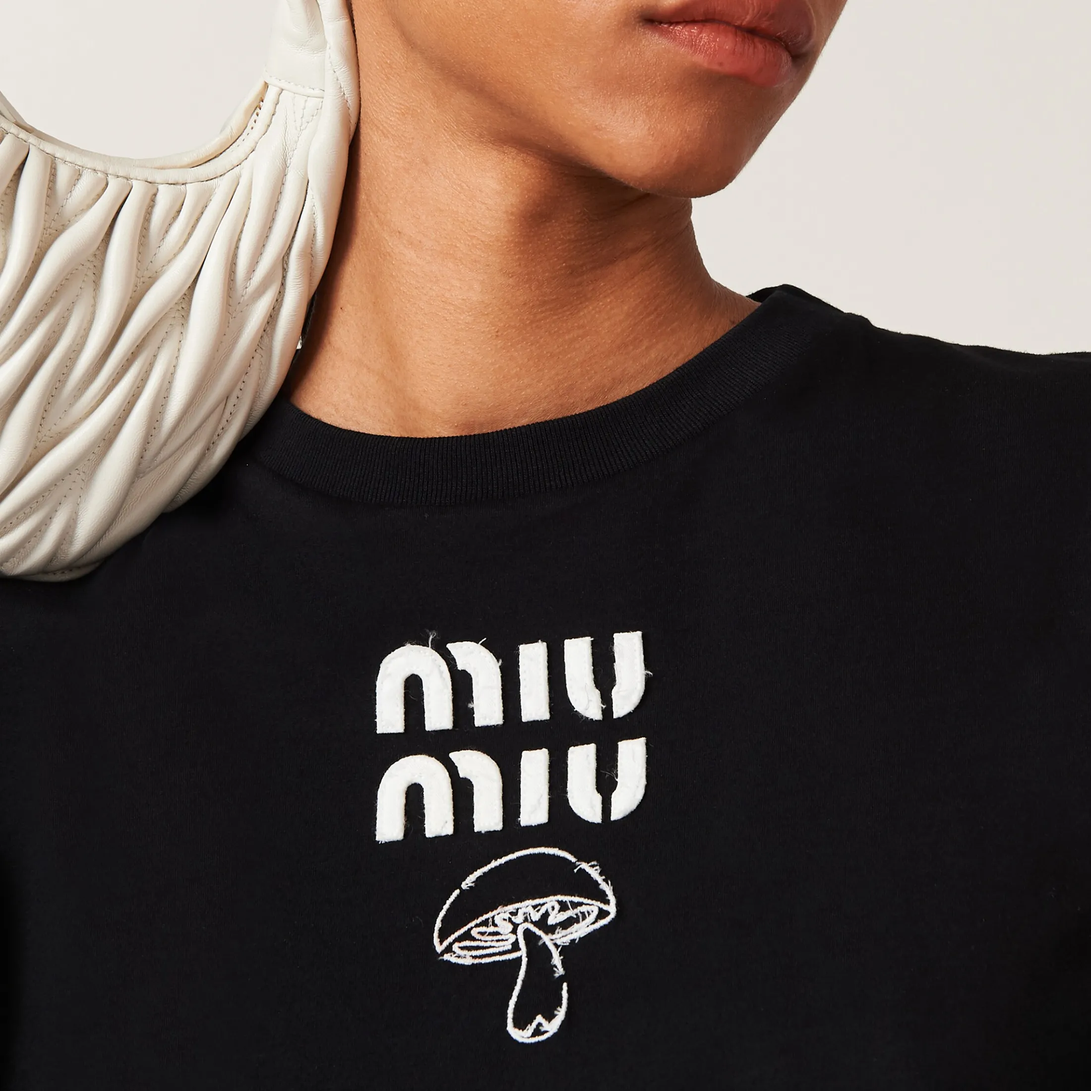 Black Embroidered Cotton T-shirt | Miu Miu