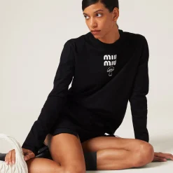 Black Embroidered Cotton T-shirt | Miu Miu