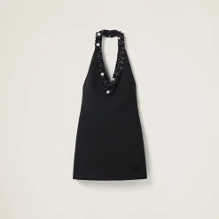 Black Embroidered Grain De Poudre Mini-dress | Miu Miu