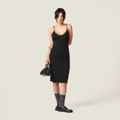 Black Embroidered Grain De Poudre Dress | Miu Miu
