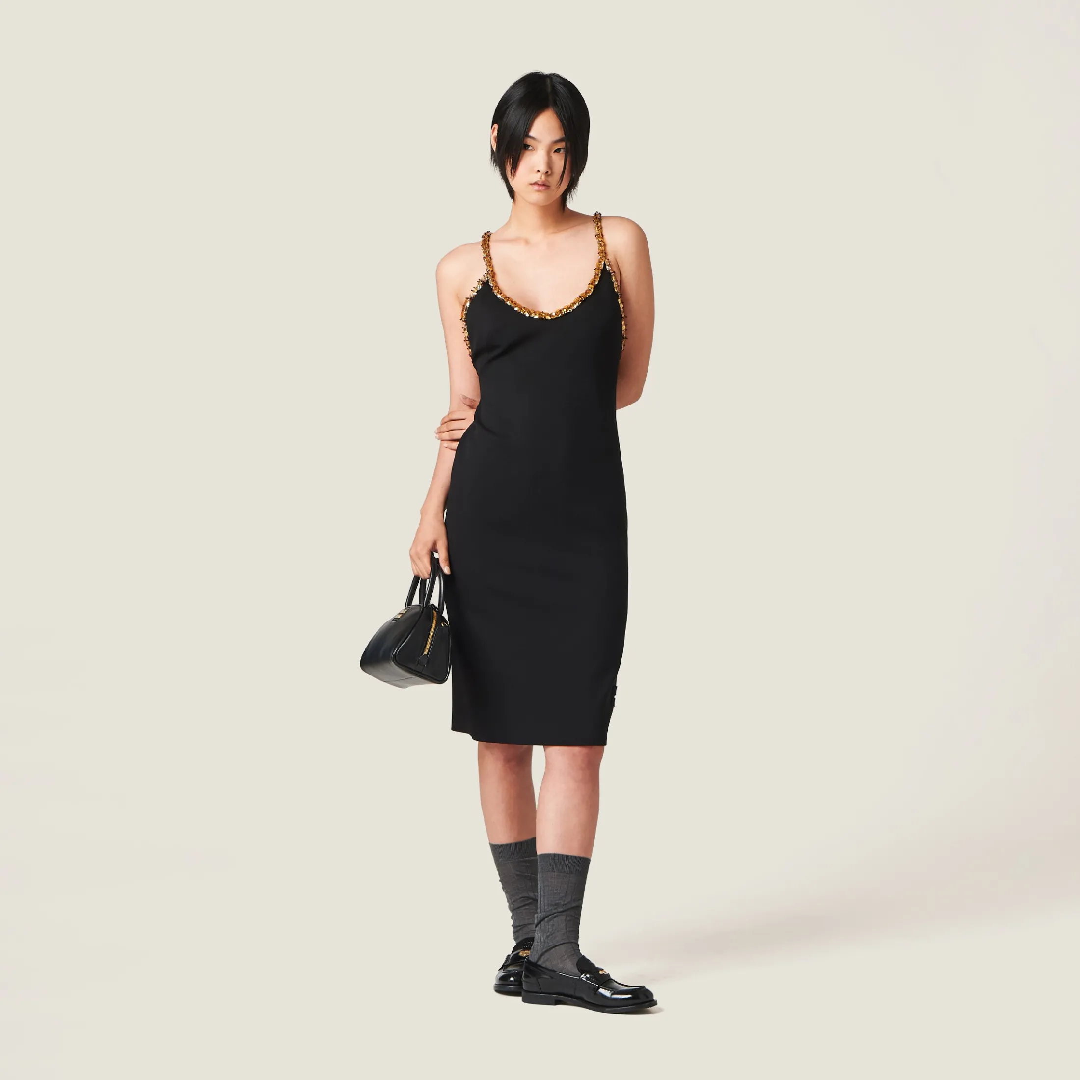Black Embroidered Grain De Poudre Dress | Miu Miu