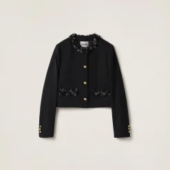 Black Embroidered Single-breasted Grain De Poudre Jacket | Miu Miu
