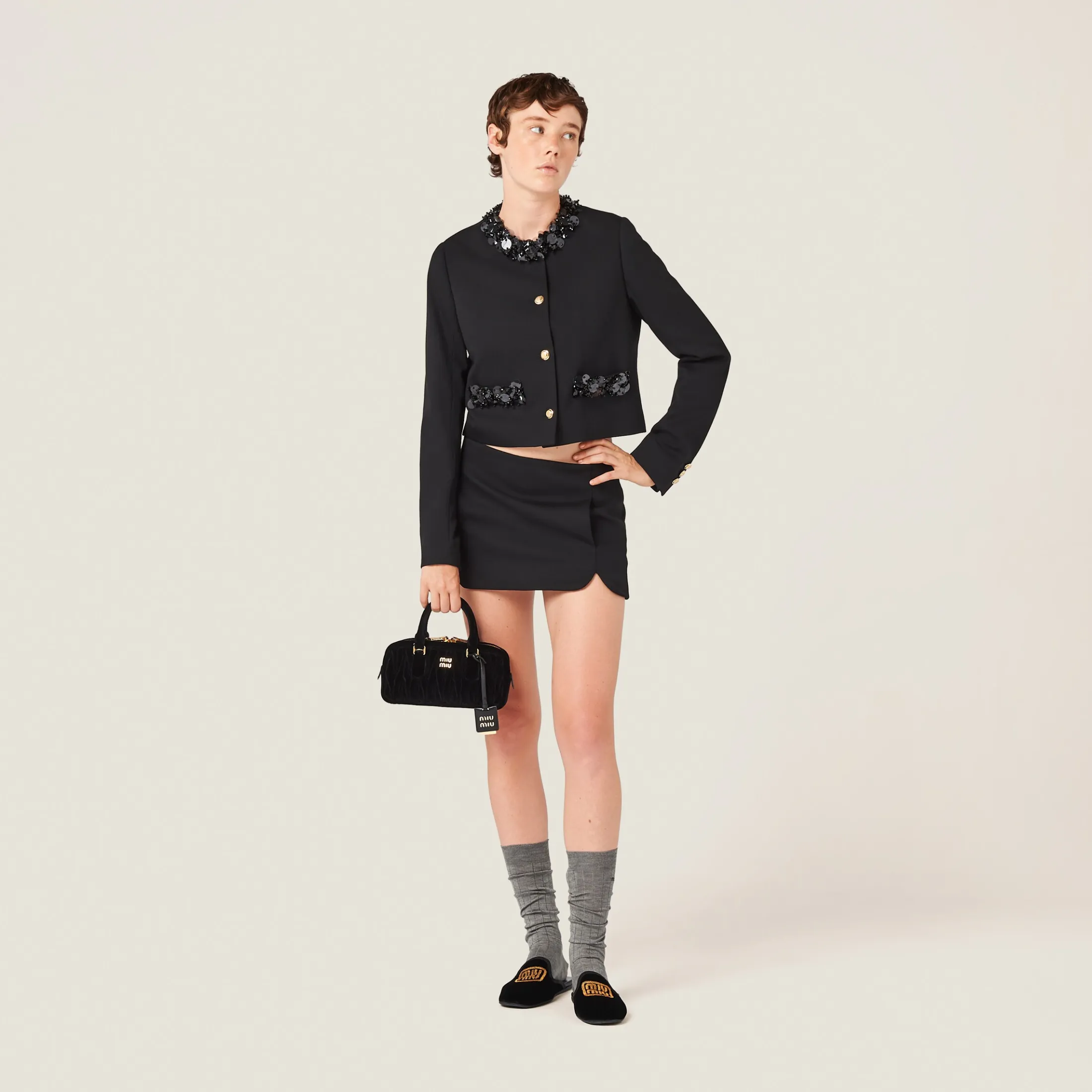 Black Embroidered Single-breasted Grain De Poudre Jacket | Miu Miu