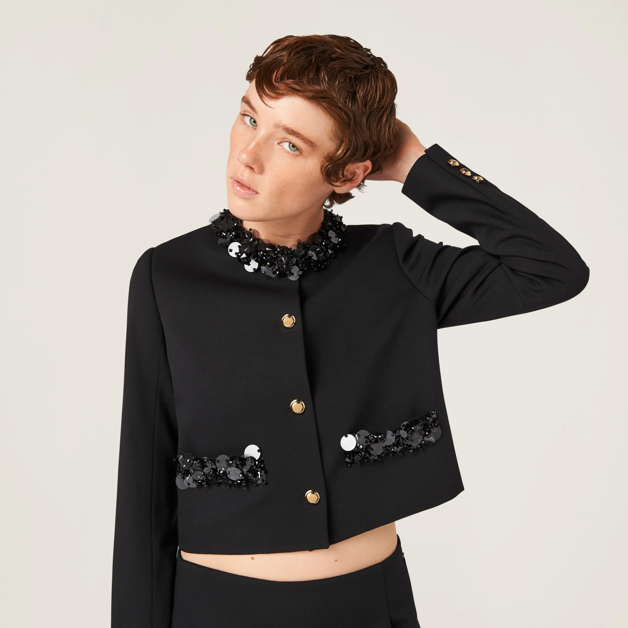 Black Embroidered Single-breasted Grain De Poudre Jacket | Miu Miu
