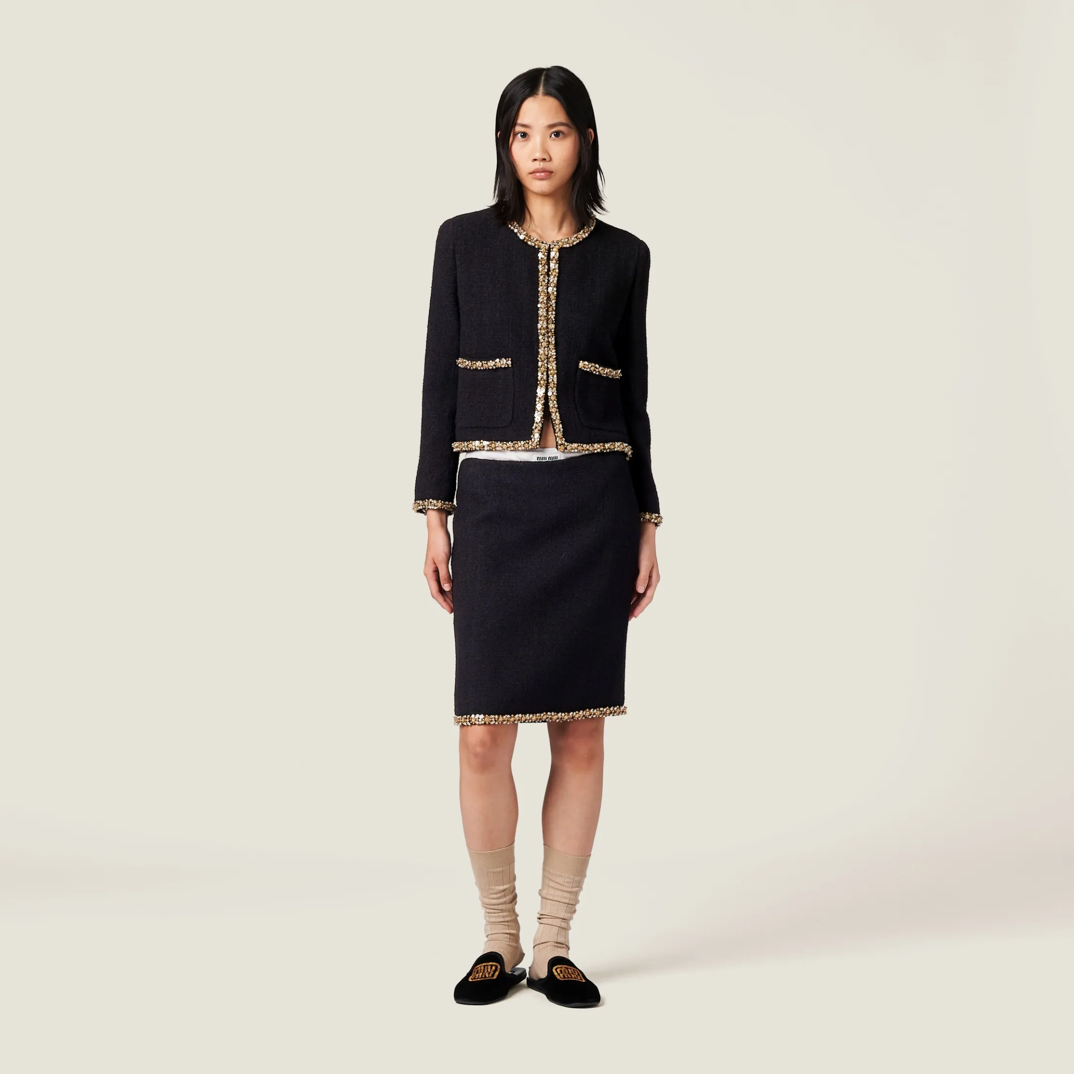 Black Embroidered Tweed Skirt | Miu Miu