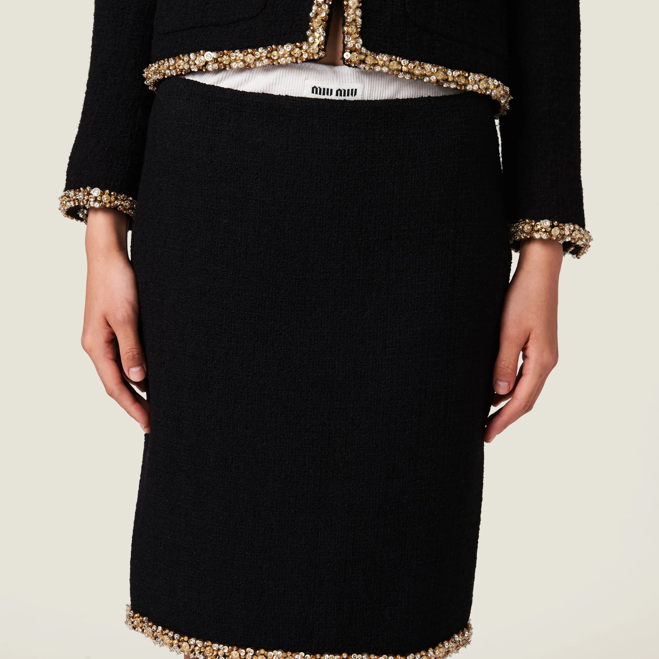 Black Embroidered Tweed Skirt | Miu Miu