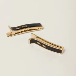 Black Enameled Metal Hair Clips | Miu Miu
