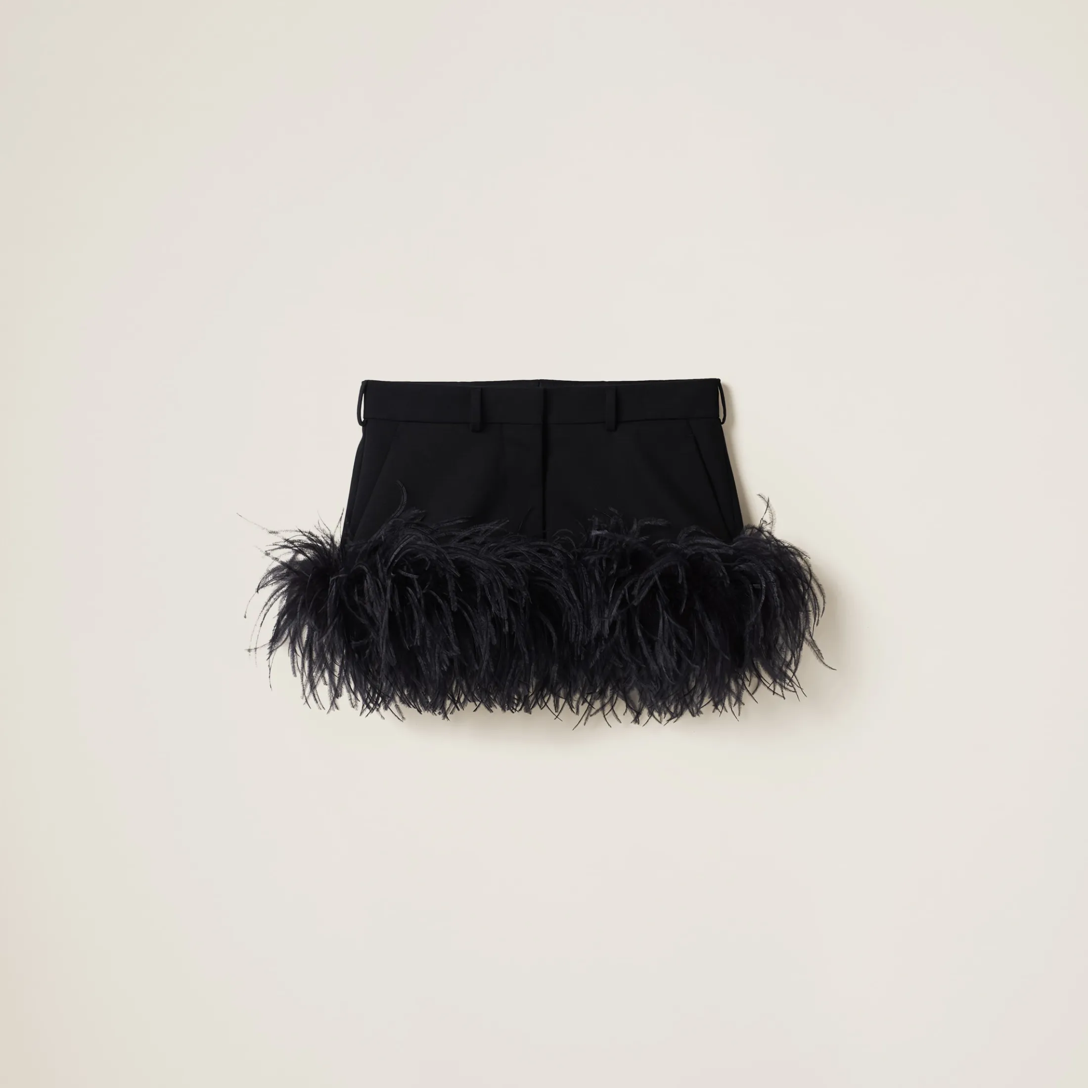 Black Feather-trimmed Grain De Poudre Miniskirt | Miu Miu