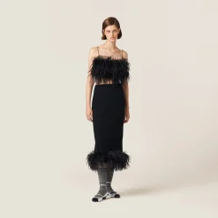 Black Feather-trimmed Grain De Poudre Top | Miu Miu