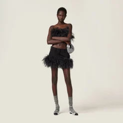 Black Feather-trimmed Grain De Poudre Miniskirt | Miu Miu