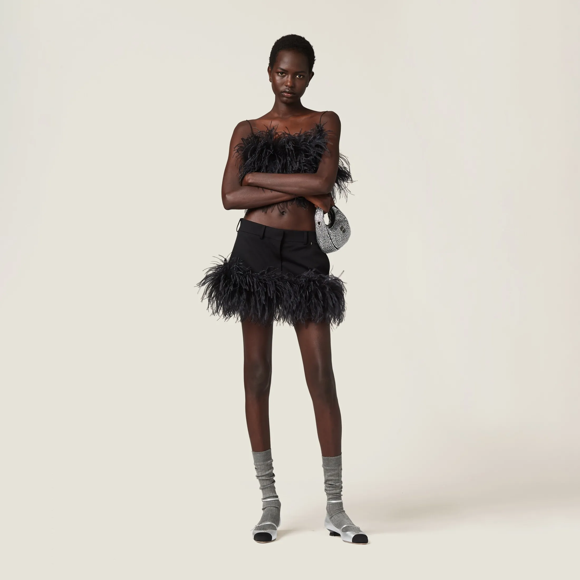Black Feather-trimmed Grain De Poudre Miniskirt | Miu Miu