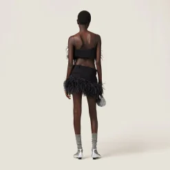 Black Feather-trimmed Grain De Poudre Miniskirt | Miu Miu
