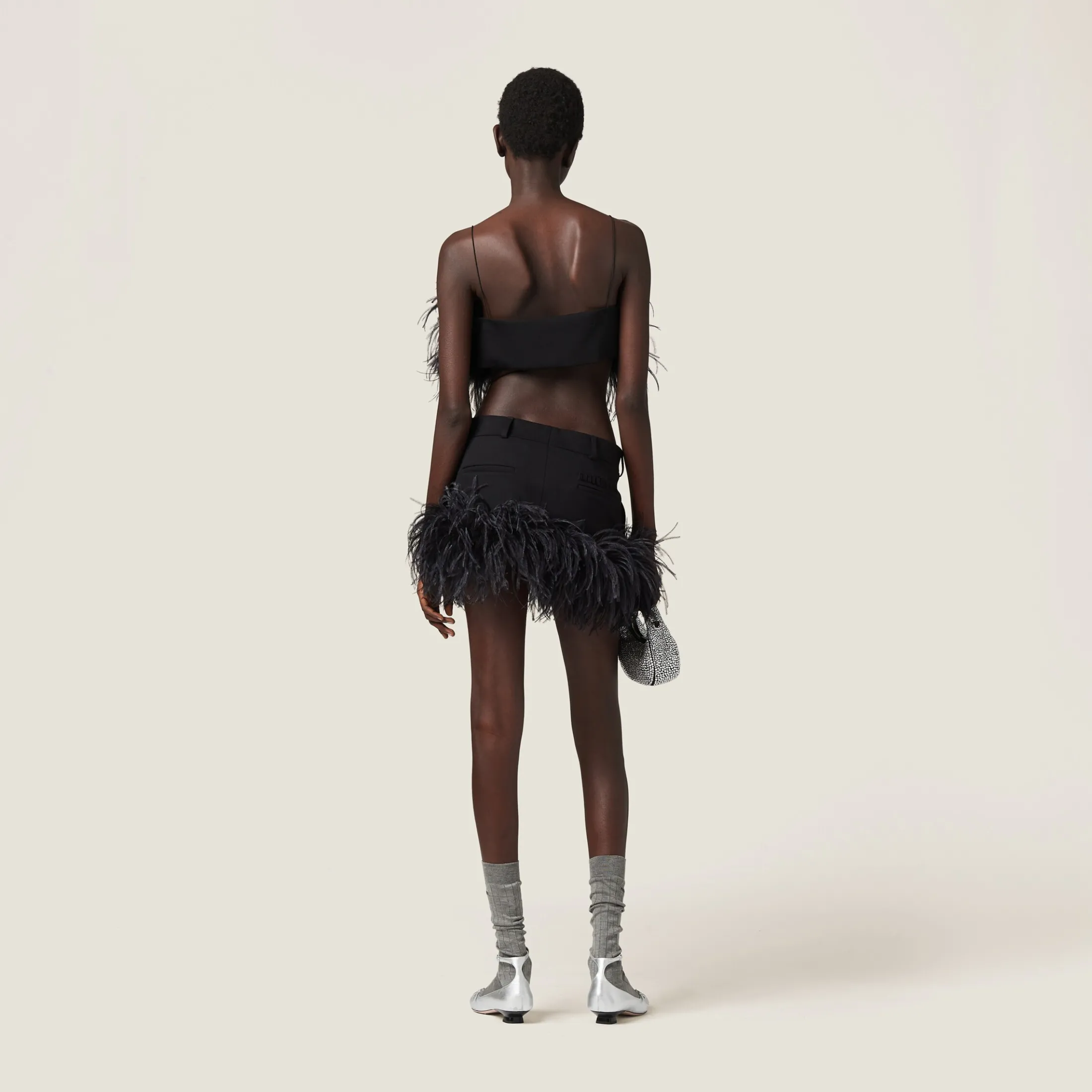 Black Feather-trimmed Grain De Poudre Miniskirt | Miu Miu
