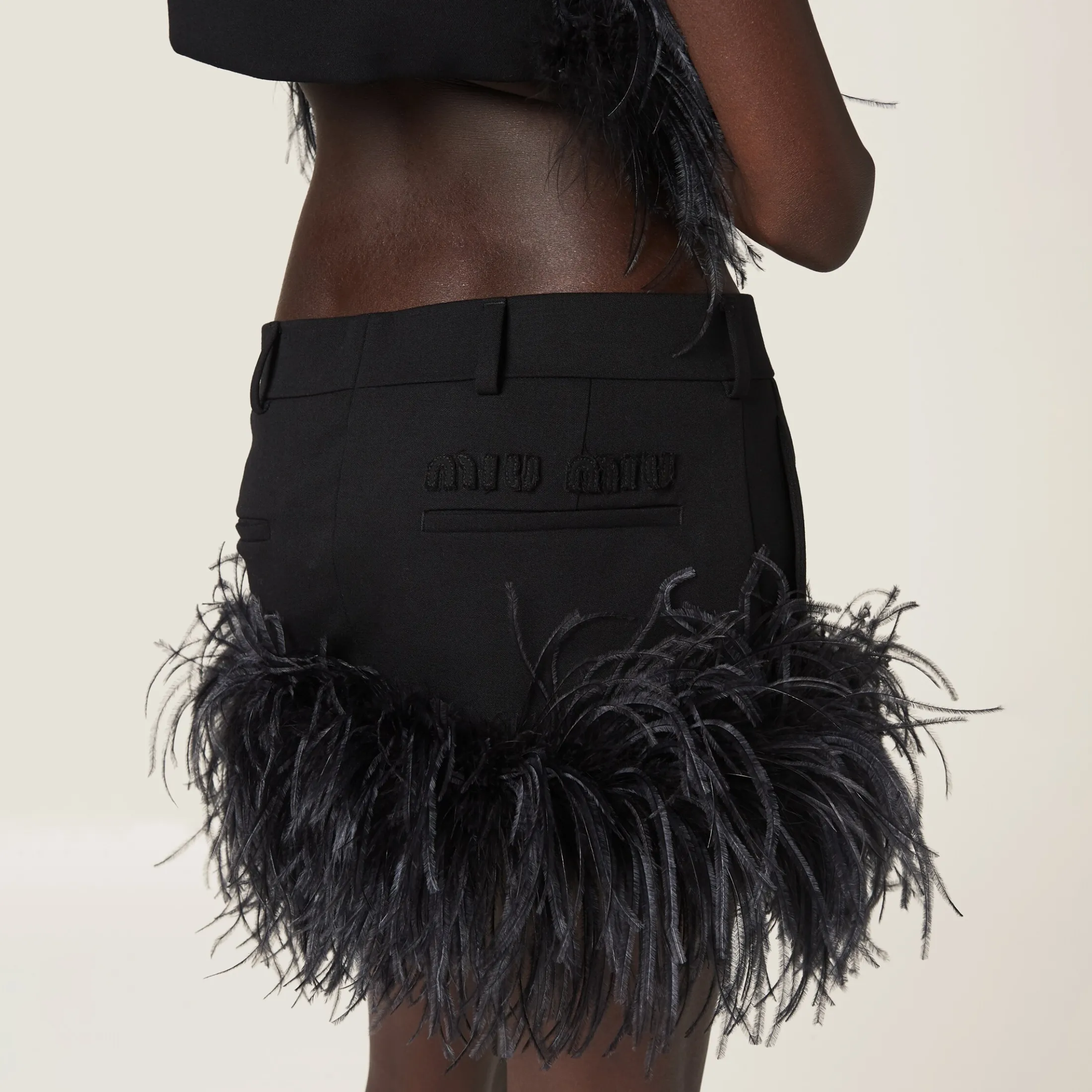 Black Feather-trimmed Grain De Poudre Miniskirt | Miu Miu