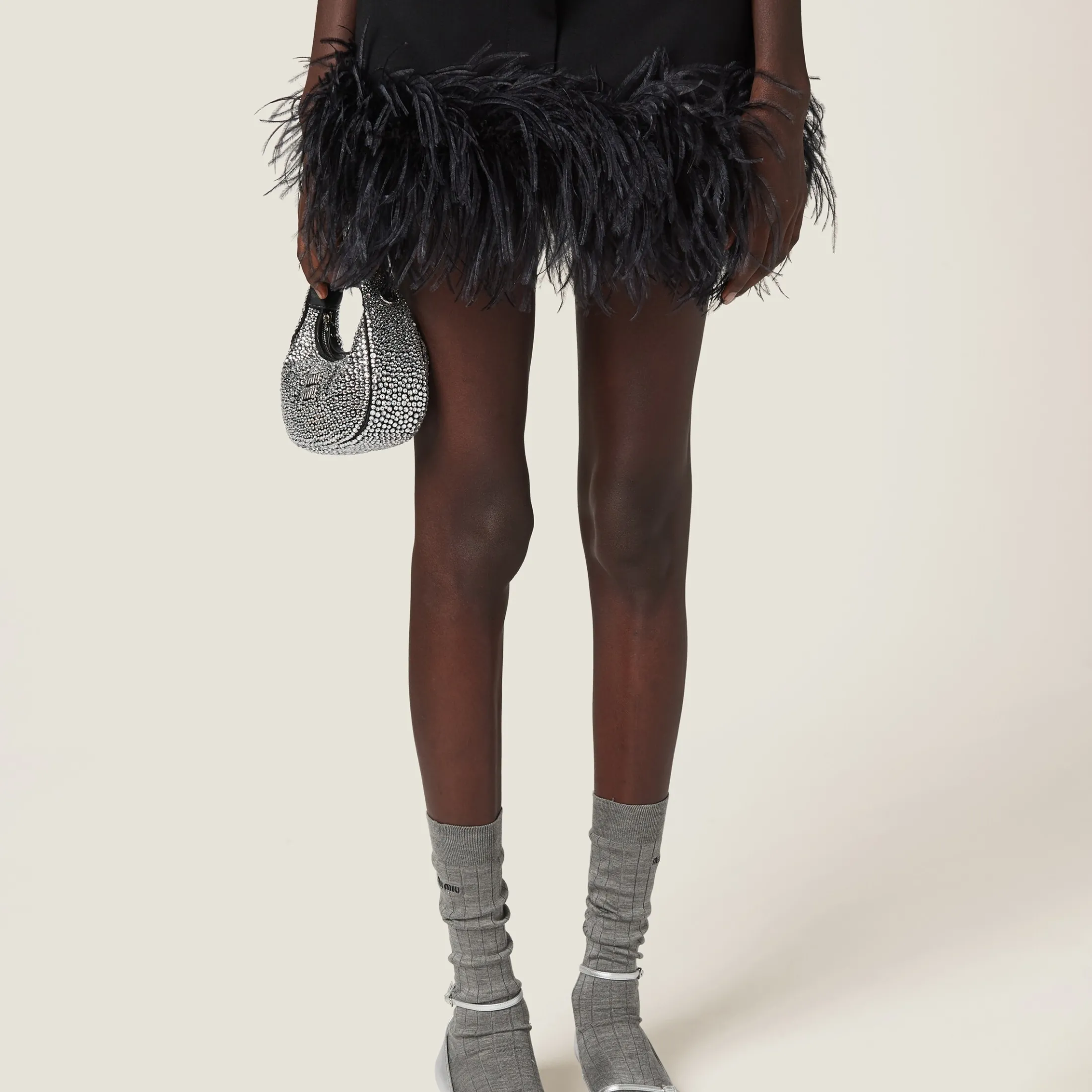 Black Feather-trimmed Grain De Poudre Miniskirt | Miu Miu