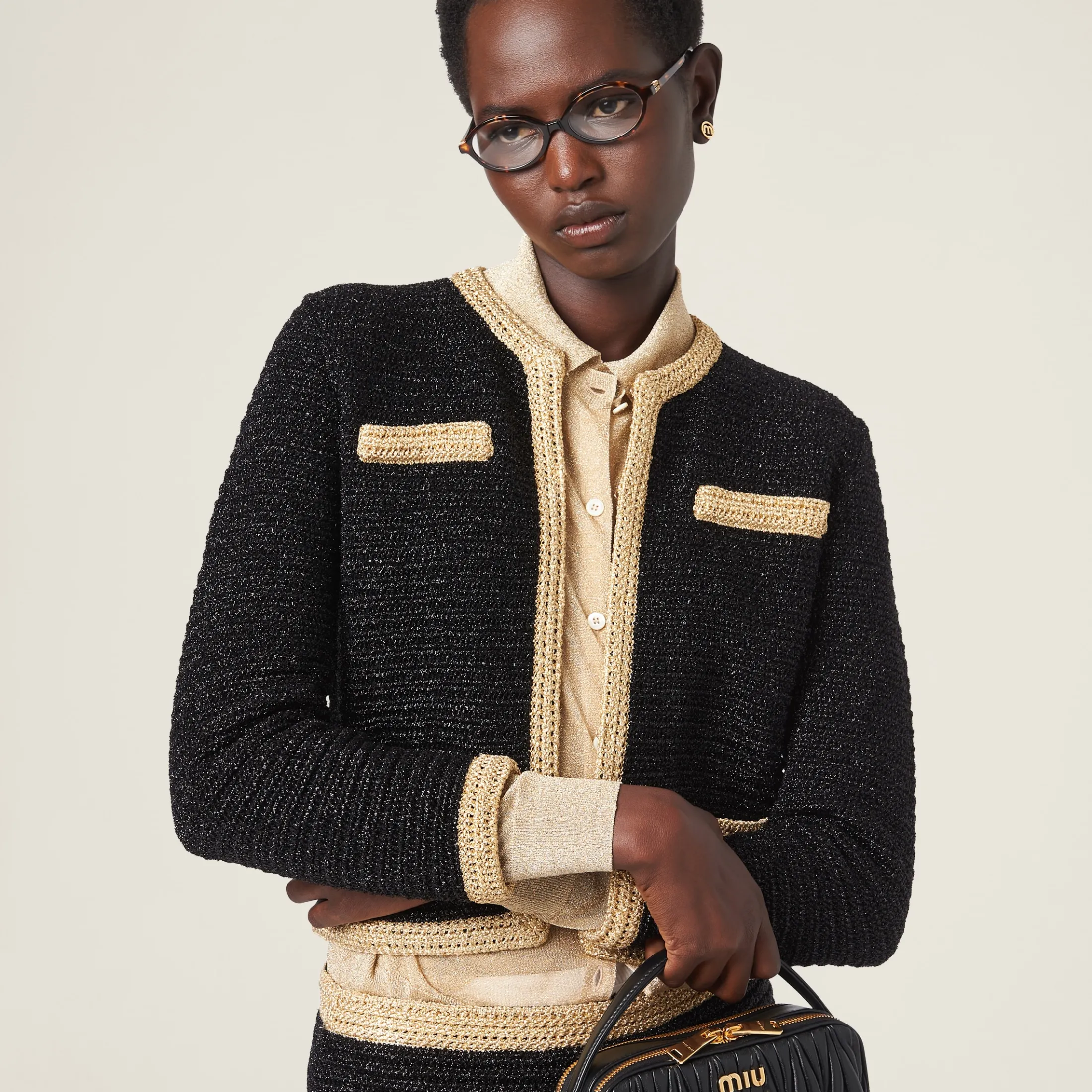 Black Lamé Crochet Cardigan | Miu Miu