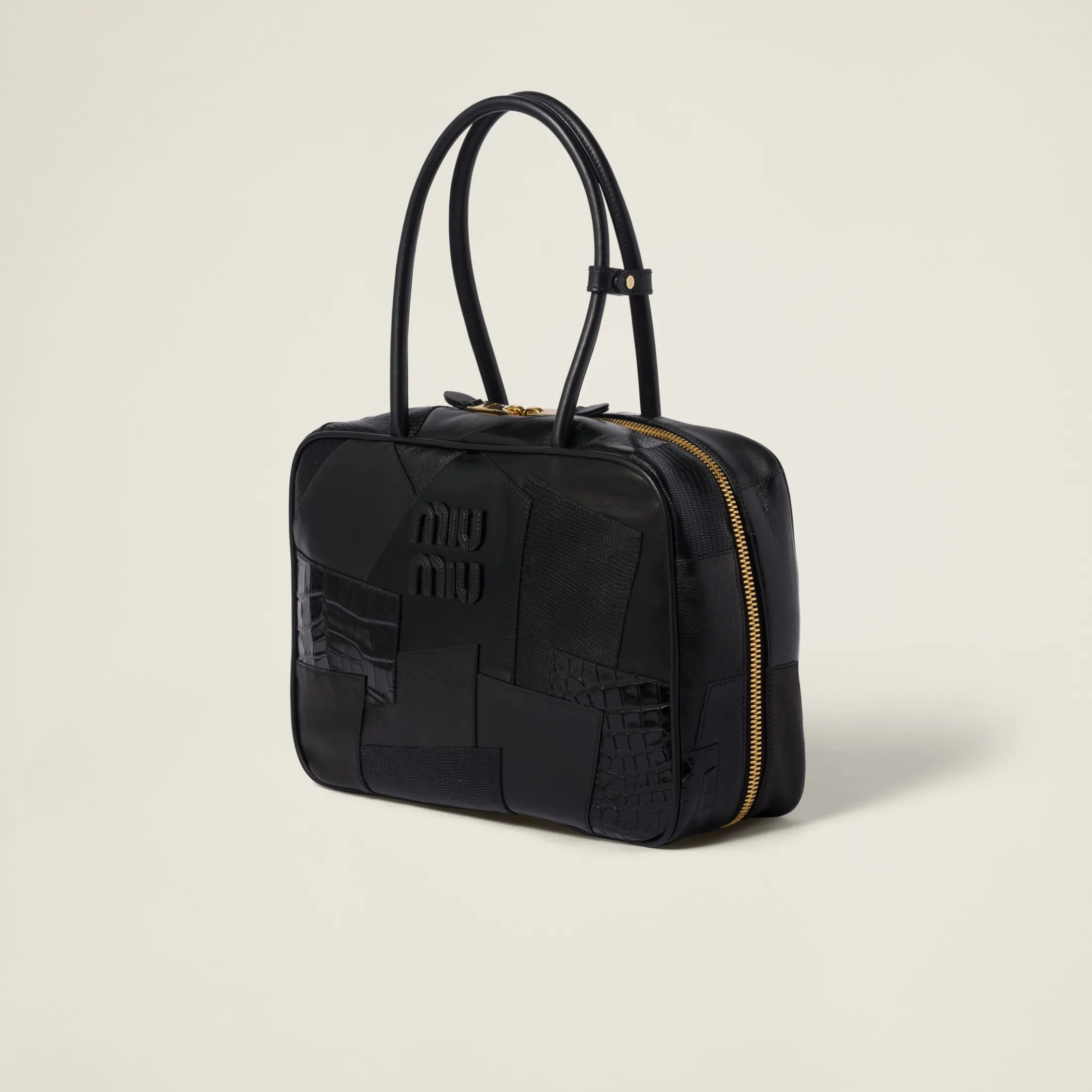 Black Leather Patchwork Top-handle Bag | Miu Miu