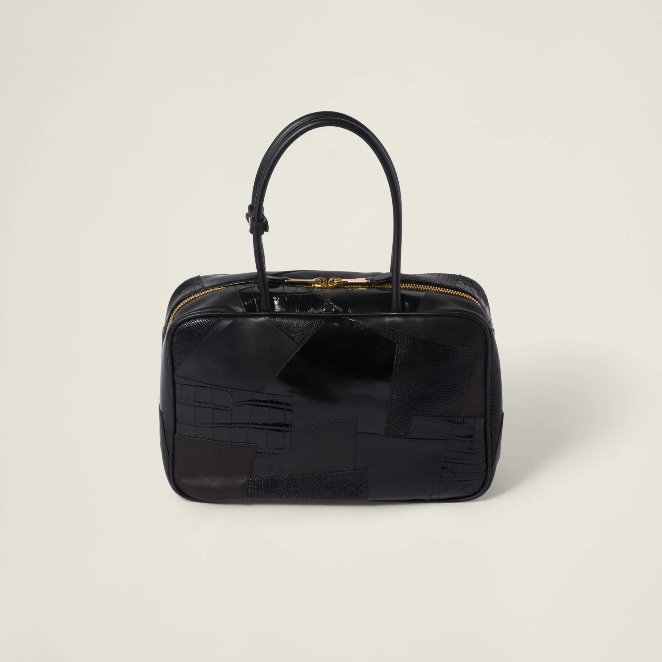 Black Leather Patchwork Top-handle Bag | Miu Miu