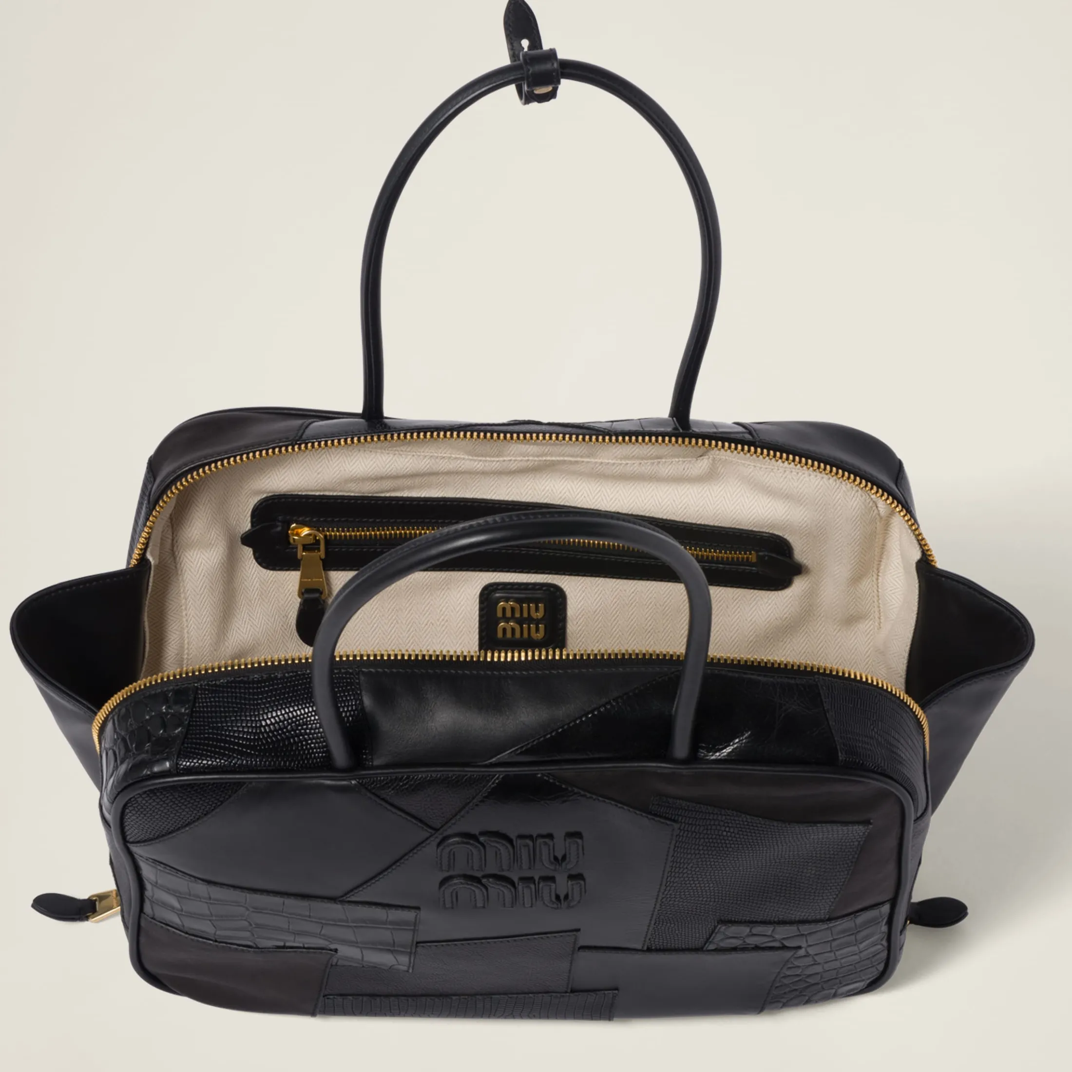 Black Leather Patchwork Top-handle Bag | Miu Miu