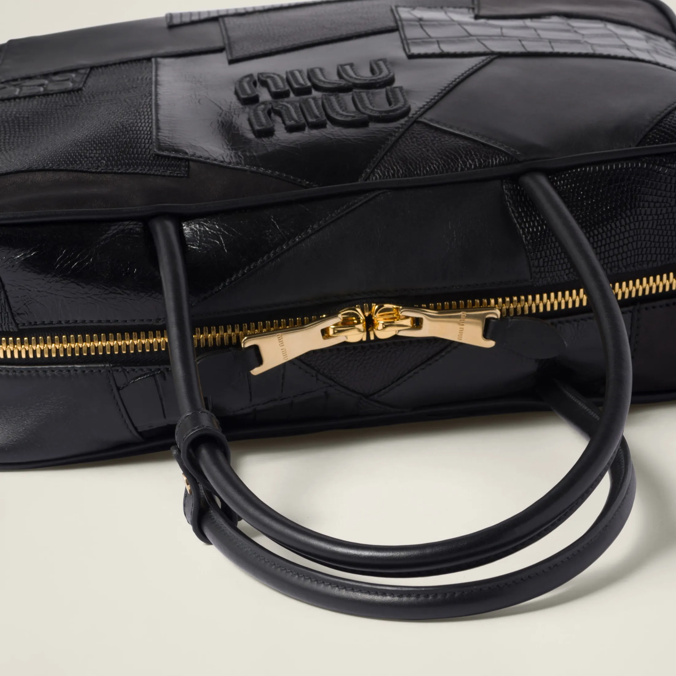 Black Leather Patchwork Top-handle Bag | Miu Miu