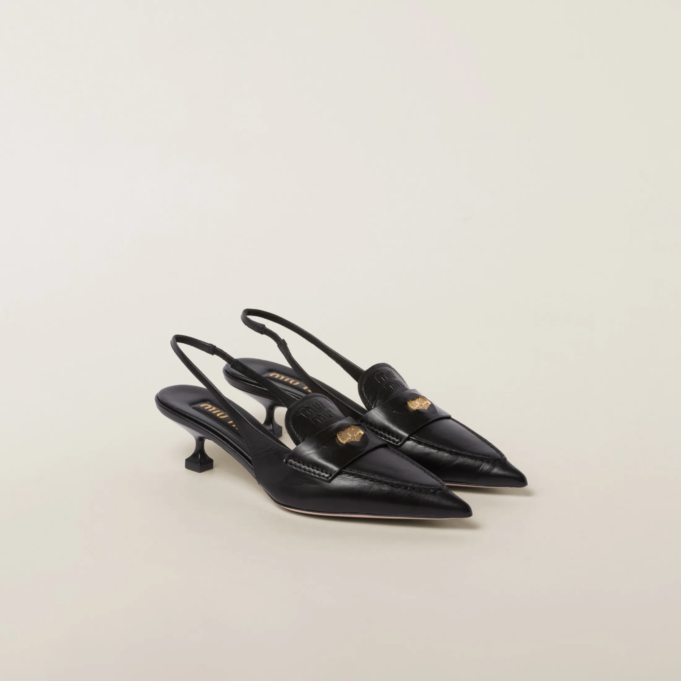 Black Leather Penny Loafers With Heel | Miu Miu