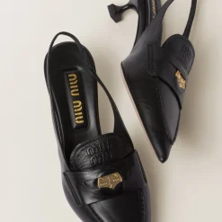 Black Leather Penny Loafers With Heel | Miu Miu