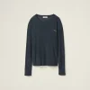 Black Long-sleeved Garment-dyed Ribbed Knit Jersey T-shirt | Miu Miu