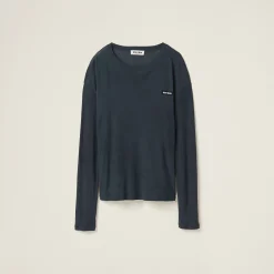 Black Long-sleeved Garment-dyed Ribbed Knit Jersey T-shirt | Miu Miu