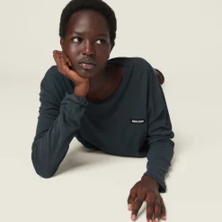 Black Long-sleeved Garment-dyed Ribbed Knit Jersey T-shirt | Miu Miu