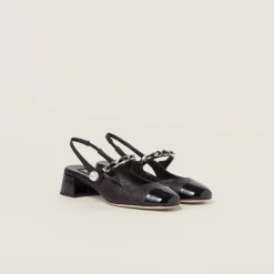 Black Patent Leather And Raffia Slingback Pumps | Miu Miu