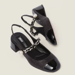 Black Patent Leather And Raffia Slingback Pumps | Miu Miu