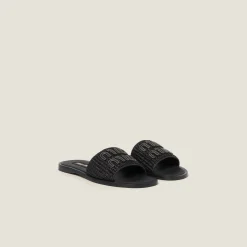 Black Raffia-effect Woven Fabric Slides | Miu Miu