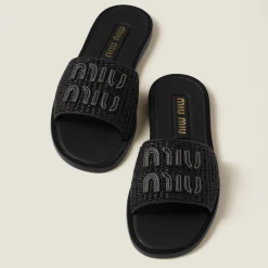 Black Raffia-effect Woven Fabric Slides | Miu Miu