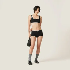 Black Ribbed Knit Panties With Logo | Miu Miu