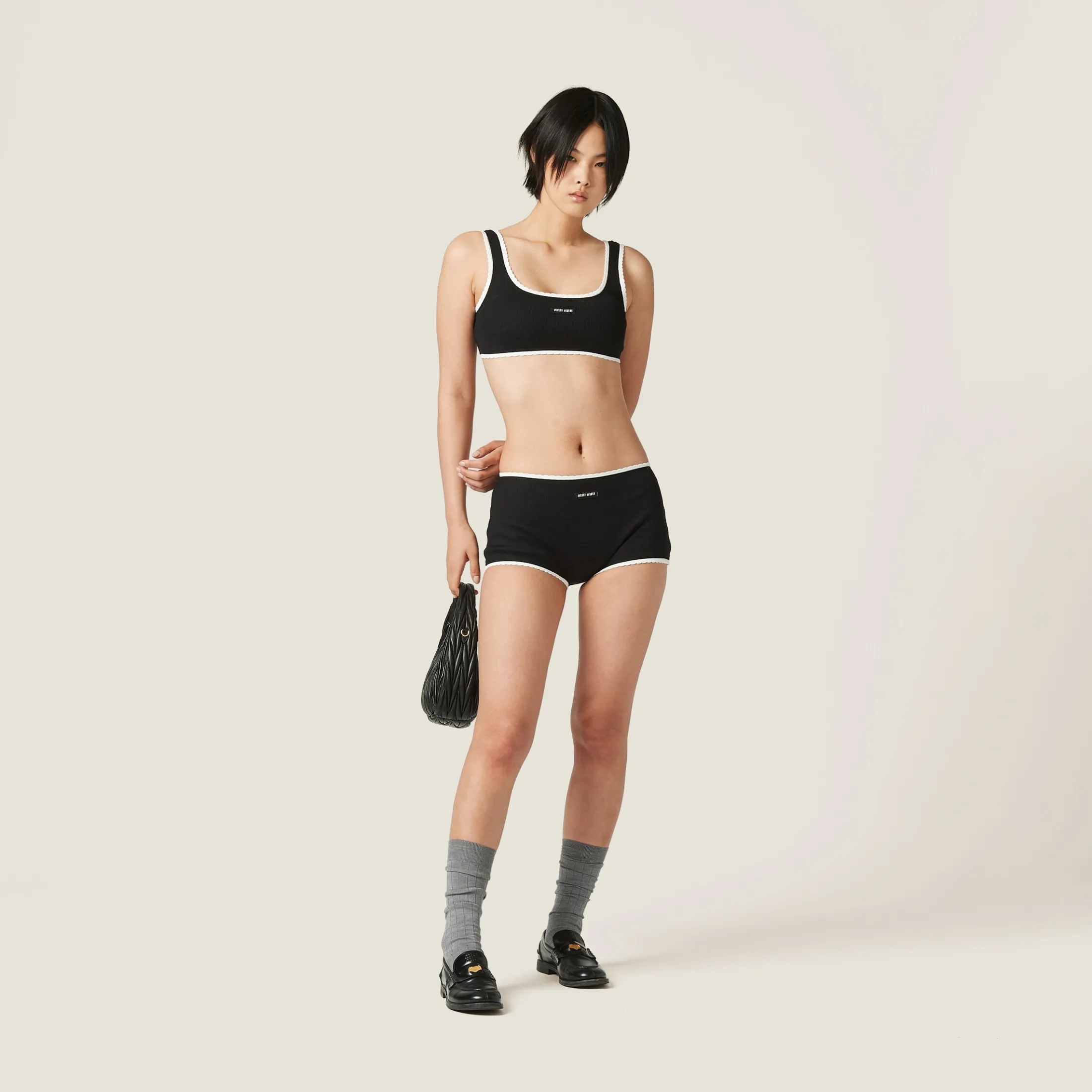 Black Ribbed Knit Panties With Logo | Miu Miu