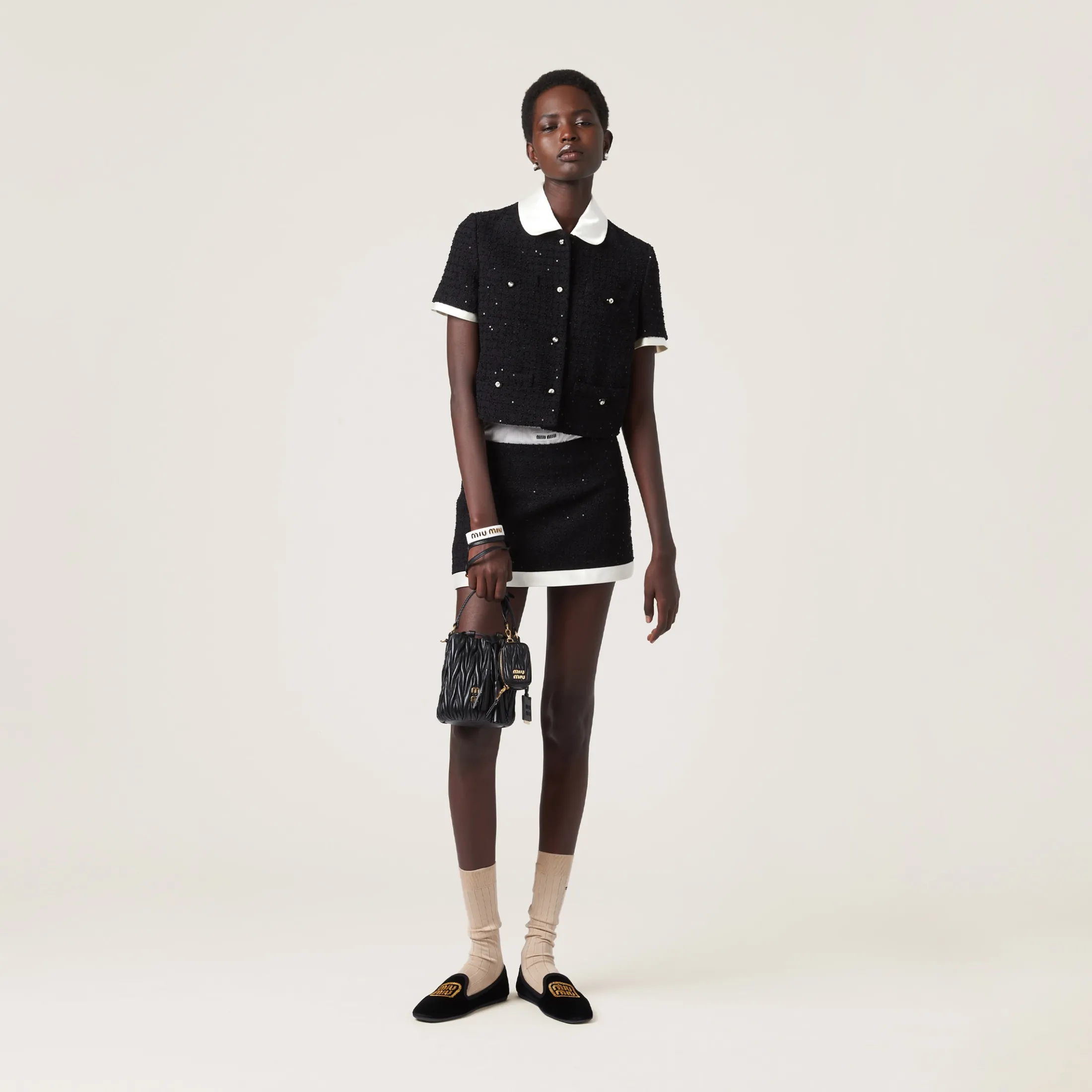 Black Sequined Bouclé Miniskirt | Miu Miu
