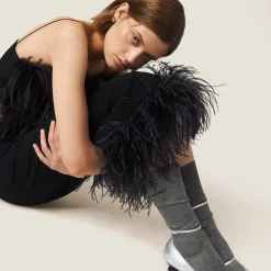 Black Stretch Cady Skirt With Feathers | Miu Miu